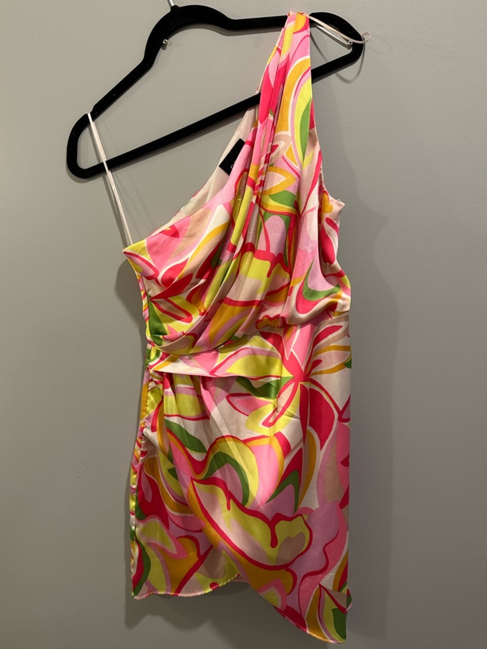 DO+BE Satin One Shoulder Ruched Abstract Floral Tropical Print Dress Size L - Picture 4 of 8